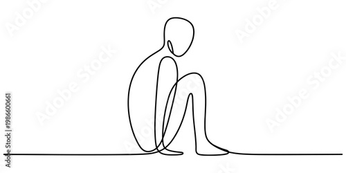 Continuous line drawing of a sad person sitting alone on the ground in a huddled position. Vector, illustration