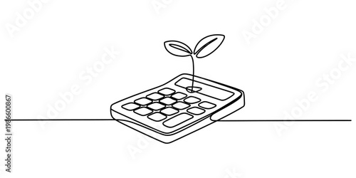 One line drawing of a small plant growing out of a calculator symbolizing financial growth Vector, illustration