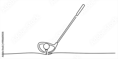 Minimalist continuous line drawing of a golf club hitting a ball on a tee for sport design. Vector, illustration