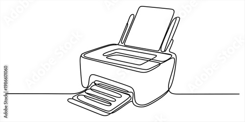 Continuous line drawing of a computer printer with paper tray on white background Vector, illustration
