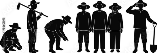 Collection of farmer silhouettes working in field with traditional tools including hoe and shovel for agriculture and rural farming concept