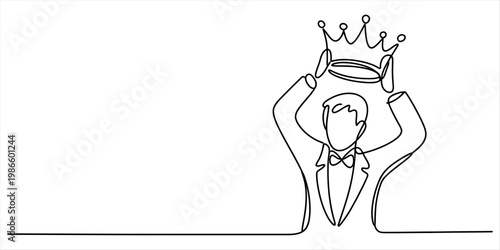 Continuous line drawing of a man in a formal suit putting a golden crown on his head. Vector, illustration