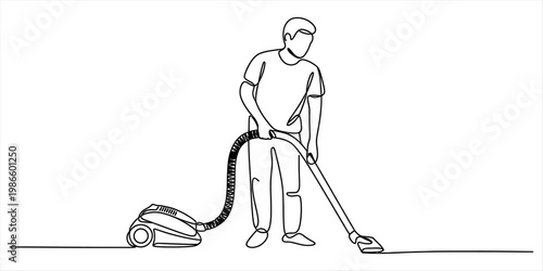 Continuous line drawing of a man cleaning the floor with a vacuum cleaner machine in a house. Vector, illustration