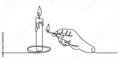 Single line art drawing of a human hand lighting a tall candle with a burning matchstick Vector, illustration