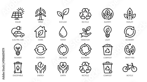Ecology line icon set. Editable Stroke. Environment, energy, recycling, nature, green, sustainability - stock vector.