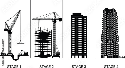 Four stages of building construction process silhouette from excavation and crane lifting to structural framework and finished high rise skyscraper