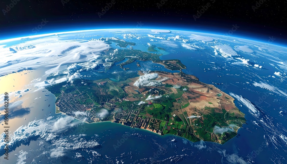 Fototapeta premium Earth view island with coast, cities, brown lands, and clouds. Wide-angle shot