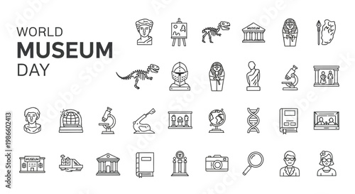World Museum Day vector illustration with various museum related icons including dinosaur skeleton, museum building, and art