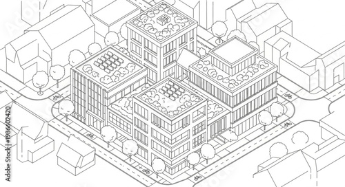 Architectural drawing of a modern building complex with detailed facades and surrounding streets.