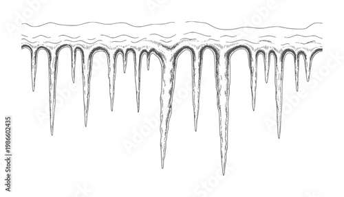 Black and white of hanging icicles forming a winter border cold frost