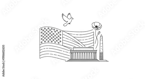 Vector illustration of American landmarks and symbols including the US flag, Lincoln Memorial, Washington Monument, a dove, and a flower, representing patriotism and national pride in a simple graphic