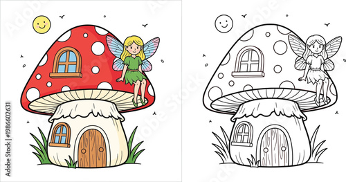 Cute Fairy Sitting on Mushroom House Vector Illustration and Coloring Page Set for Kids Activity