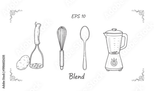 Hand drawn kitchen utensils potato masher whisk spoon blender and potato