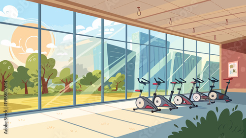 Bright modern fitness studio with large glass windows and exercise bikes city park view sunny day