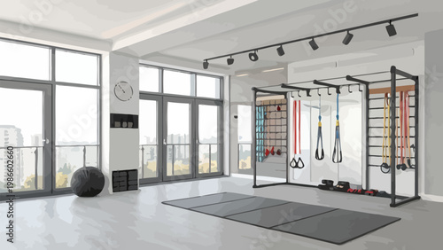 Modern compact boutique fitness studio interior with mirrored wall exercise equipment and natural light