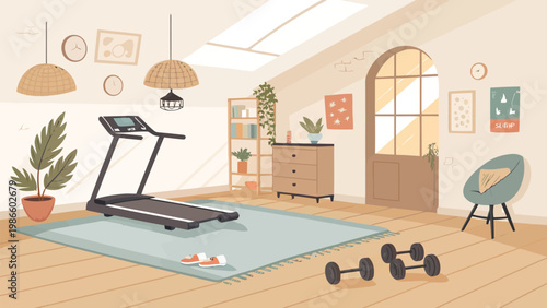 Cozy home gym room with compact treadmill yoga mat dumbbells plants and modern decor perfect for indoor fitness and wellness routine