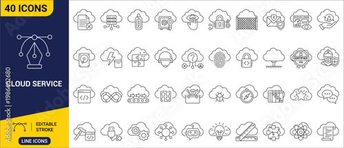 Modern Outline Icons for IT Infrastructure. Set of 40 linear vectors depicting cloud services, data management, cybersecurity, and digital technology.
