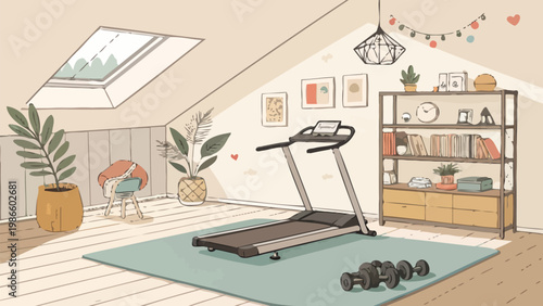 Cozy home gym room with compact treadmill and yoga mat under skylight surrounded by plants and exercise equipment