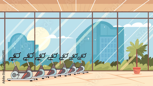 Modern bright fitness studio interior with large glass windows exercise bikes city view and palm tree on a sunny rainy day