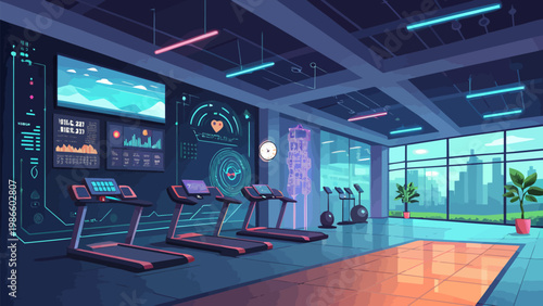 Futuristic smart gym interior with digital screens and treadmills neon lights and city view through large windows