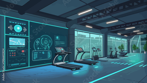 Futuristic smart gym interior with digital screens and high tech equipment for advanced workouts and fitness tracking