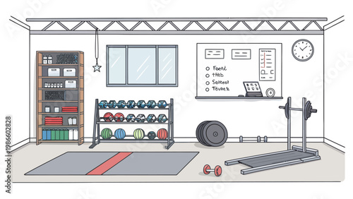 Modern home gym interior with exercise equipment and trainer area whiteboard and organized storage