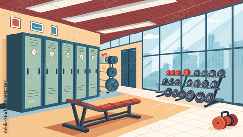 Modern gym interior with personal locker area benches and workout equipment