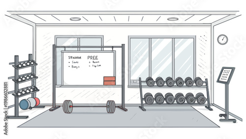 Modern gym interior with trainer area whiteboard and organized equipment layout for fitness