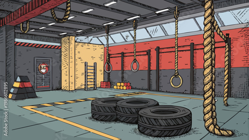 Functional training gym interior with battle ropes tires and exercise equipment for fitness and strength training