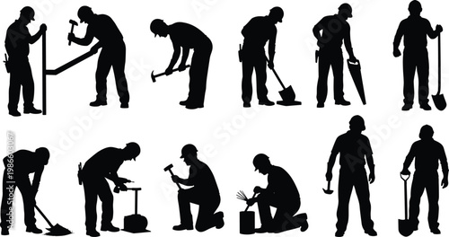 Silhouette collection of construction workers and laborers using tools like hammers, shovels, and saws for building, industrial work, and manual labor
