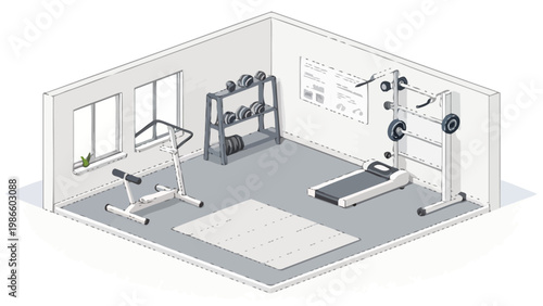 Modern minimalist home gym interior with essential fitness equipment and gray flooring