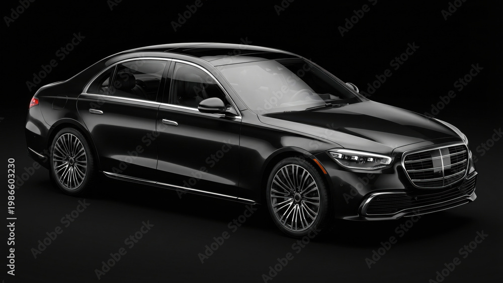Fototapeta premium Black luxury sedan car. Modern elite vehicle for business travel. Refined elegance.
