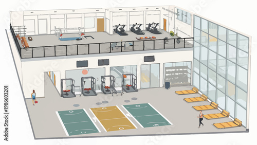 Modern open plan gym interior with divided workout zones and multi level layout