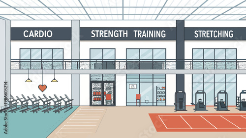 Modern open plan gym interior with divided workout zones for cardio strength training and stretching exercises