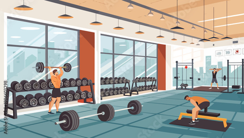 Two men lifting weights in a modern gym interior with large windows and equipment