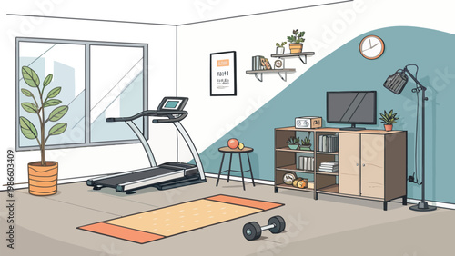 Cozy apartment gym corner with foldable treadmill exercise mat dumbbells tv and desk in a small room with blue accent wall and large window