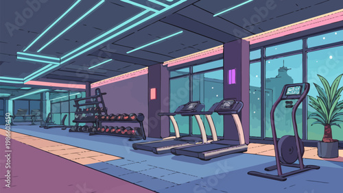 Modern fitness club interior with cardio machines and weights neon lights large windows and exercise equipment