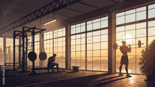 Fitness enthusiasts working out in a modern gym during a serene sunrise with warm golden light