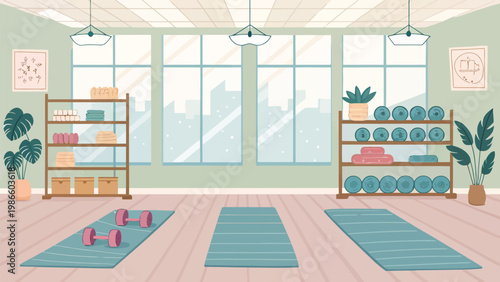 Women's focused fitness studio interior with soft pastel colors yoga mats dumbbells and exercise equipment in a serene atmosphere
