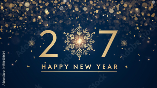 2027 New Year Celebration Greeting Card with Gold Snowflakes, Stars and Confetti on Navy Background