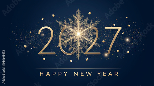 2027 New Year Celebration Greeting Card with Gold Snowflakes, Stars and Confetti on Navy Background