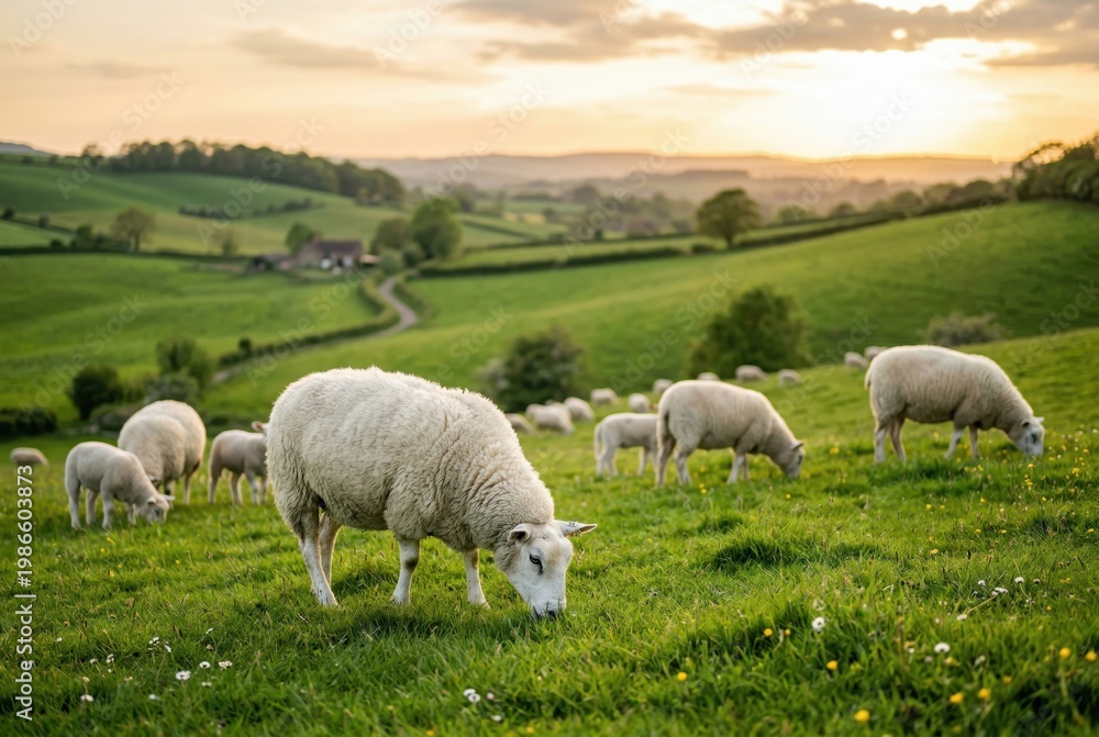 Obraz premium Flock of white sheep grazing on green grassy rolling hills during a warm sunset