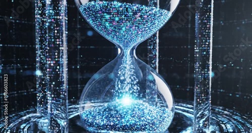Digital hourglass with flowing particles representing time management in a tech environment
