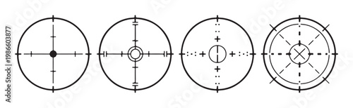 Sniper scope reticle set with crosshairs and tactical sights for hunting gear and shooting game interface elements.
