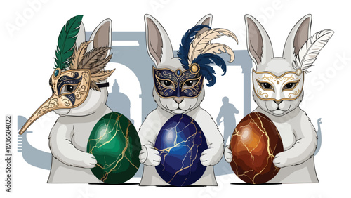 Festive Masquerade Easter Bunnies with Decorative Eggs, Venetian Carnival Theme, Spring Celebration
