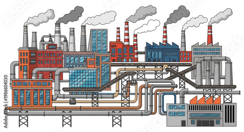 Industrial factory complex with smoking chimneys and pipelines.