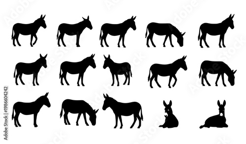 Donkey silhouettes vector set with different poses and side views isolated on white background