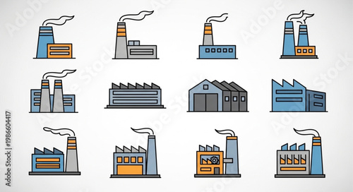 Collection of Industrial Factory Buildings with Smoke Stacks.
