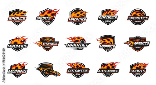 Collection of Sports and Automotive Emblems with Flames.