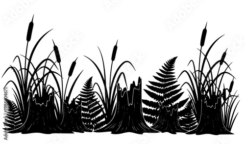 Artistic swamp vegetation silhouette vector reeds grass ferns riverbank landscape set